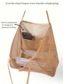 1pc Mesh Tote Bag, Cosmetic Bag, Casual Handbag, Foldable Women's Shoulder Bag For Picnic, Waterproof, Foldable, Essential Bag, Multifunctional Shoulder Shopping Tote, Mesh Hollow Bag, Mesh Bag, Bathroom Storage Bag, Multifunctional Toiletry Bag, Bathroom Bag And Shoulder Tote, Lightweight, Large Capacity, Portable Mesh Beach Bag, Suitable For Family Travel, Vacation, Beach, Camping And Hiking, Summer Holiday Bag ,Makeup Bag - 粉色 - 查看 5