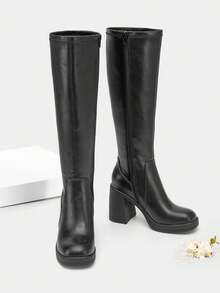 Athlefit Women's Stretch Knee High Boots - Platform Chunky Heel Square Toe Side Zip - 黑色 - 查看 3