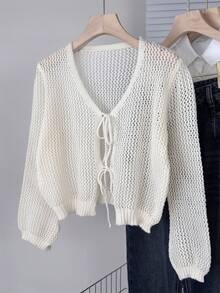 Wixra Spring/Summer New V-Neck Tie Hollow Out Knit Cover Up, Women Loose Short Cover Up - Apricot - View 3