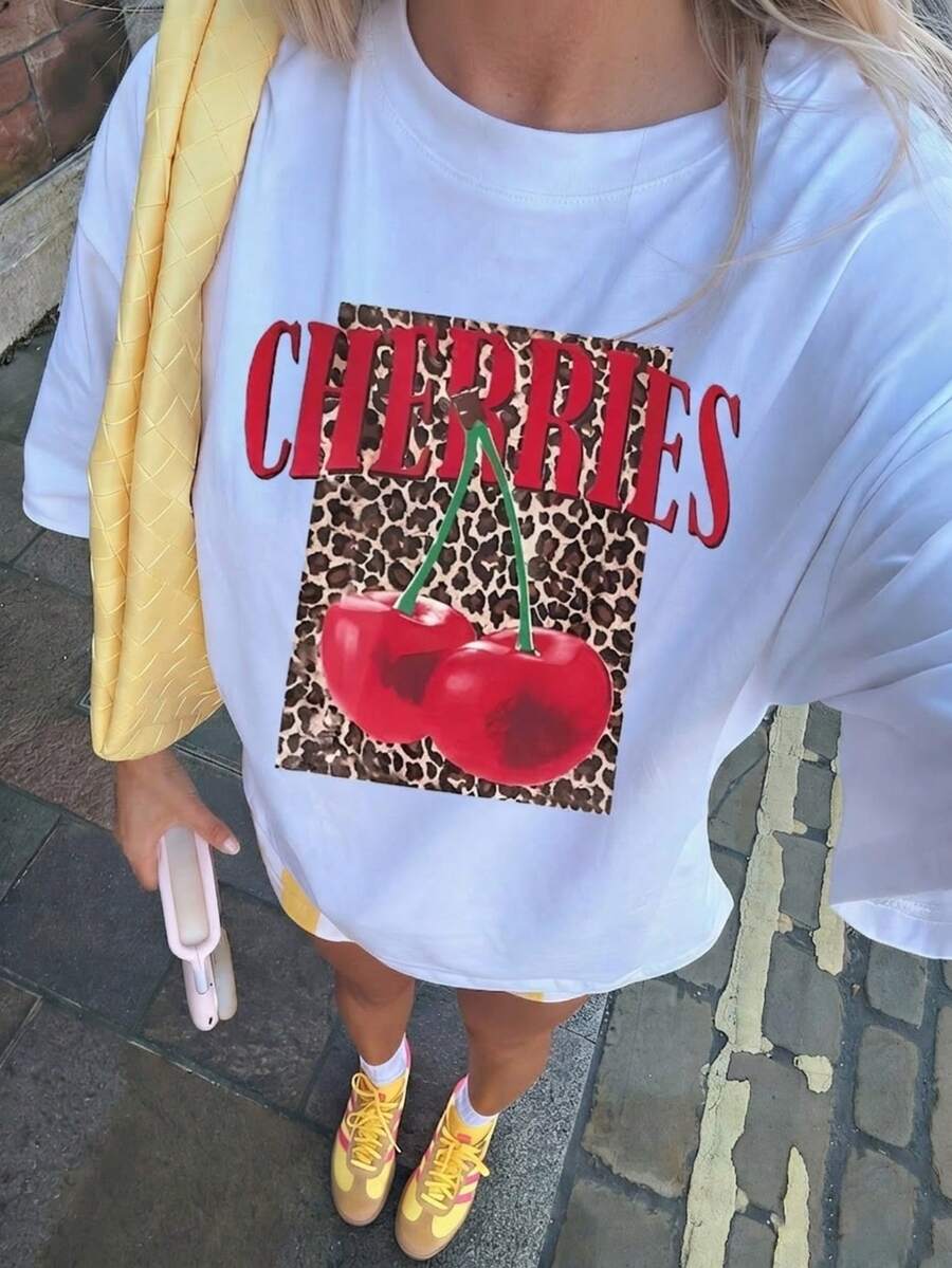 Girls' Casual Leopard & Cherry Print Round Neck Short Sleeve T-Shirt, Ideal For Student Summer Wear, Children's Clothing - White - View 1