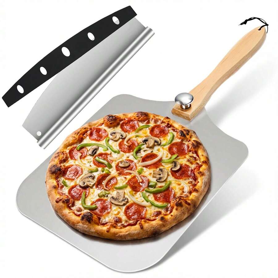 Pizza Peel Set With Pizza Cutter Metal Pizza Spatula With Foldable Wooden Handle Pizza Server For Home Pizza Baking - View 1