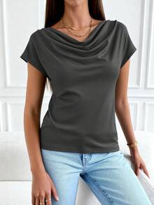 PRETTYGARDEN Women's Summer Clothes Tops Dressy Casual Clothing Cowl Neck Short Sleeve Blouses Business Work Office Shirts  Tops For Women - 深灰色 - 查看 4
