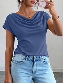 PRETTYGARDEN Women's Summer Clothes Tops Dressy Casual Clothing Cowl Neck Short Sleeve Blouses Business Work Office Shirts  Tops For Women - 深藍色 - 查看 5