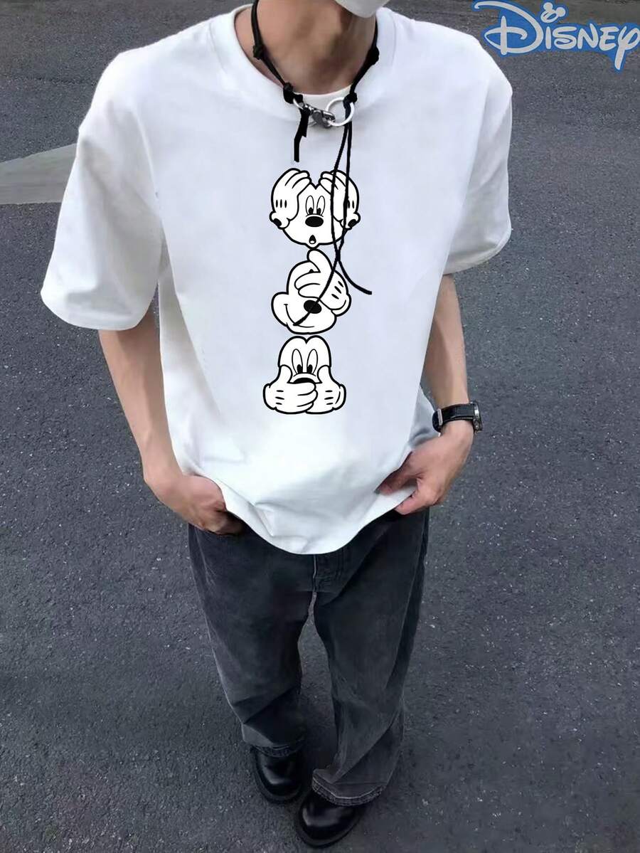 Disney Mickey Mouse Birthday Gift Short-Sleeved Men's Summer T-Shirt, Distressed Effect, One-Piece Design, Pure Cotton Fabric, Comfortable And Breathable, Casual Outdoor Street Style, Crew Neck; A High-Quality Fashion Brand, It Is An Ideal Surprise Gift For Family And Friends. - 白色 - 查看 1