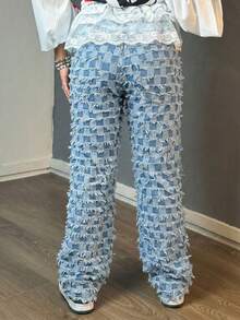 Casual Mid-Waist Straight Leg Jeans, Boyfriend Style Jeans, Comfortable Loose Washed Blue Straight Leg Jeans, European And American Street Style Vacation - Blue - View 5