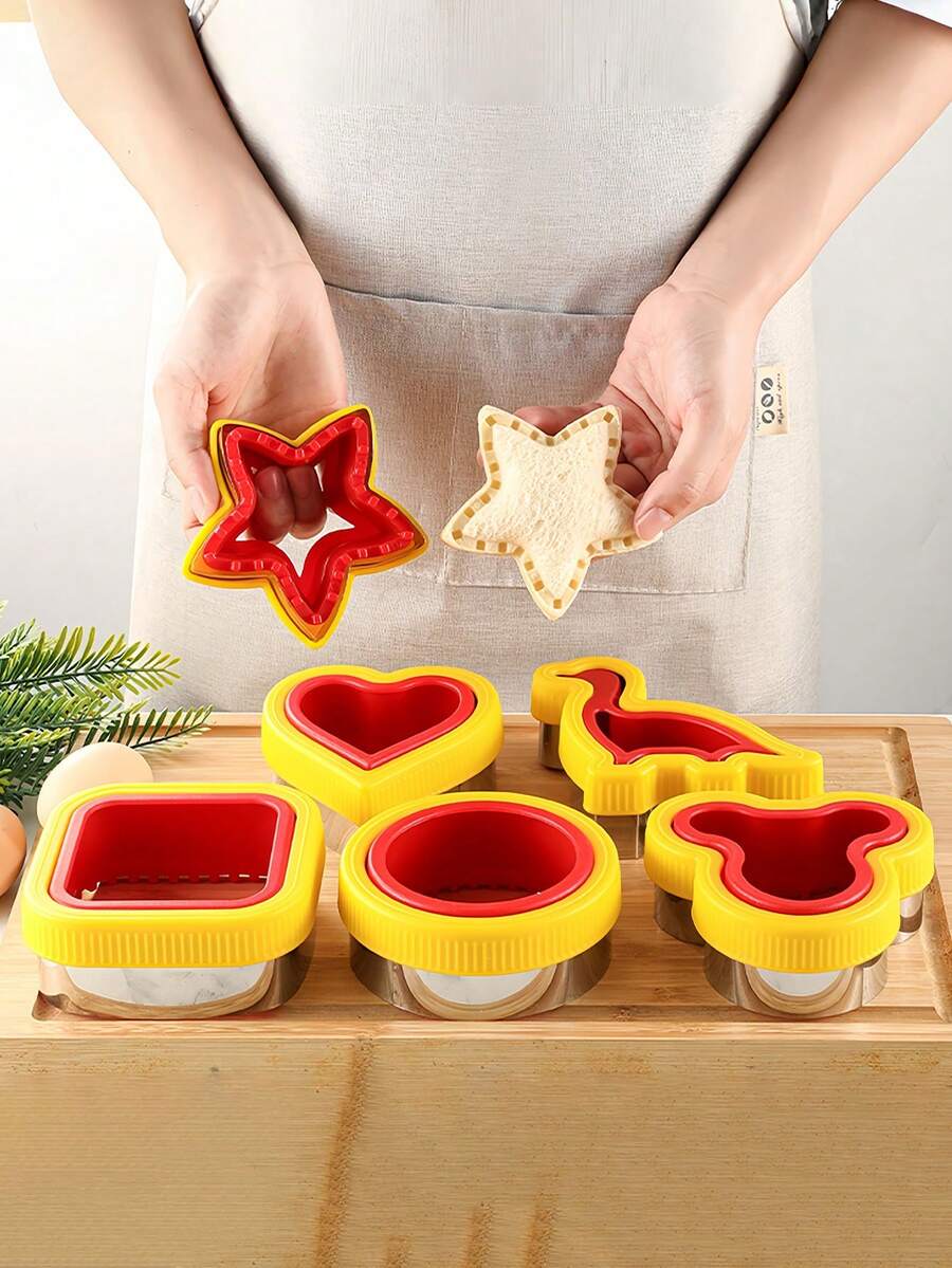 Bộ 1 khuôn cắt và dán bánh mì bằng thép không gỉ, khuôn làm bánh mì kẹp bỏ túi, khuôn tạo hình bánh mì kẹp mứt, khuôn cắt bánh quy hình gấu dễ thương, khủng long, trái tim, tròn, vuông, ngôi sao. - xanh + vàng - Xem 1