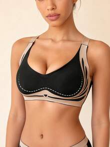 Lilivine Seamless Shaping Bra With Contrast Color Patchwork & Padded Cups - Black - View 4