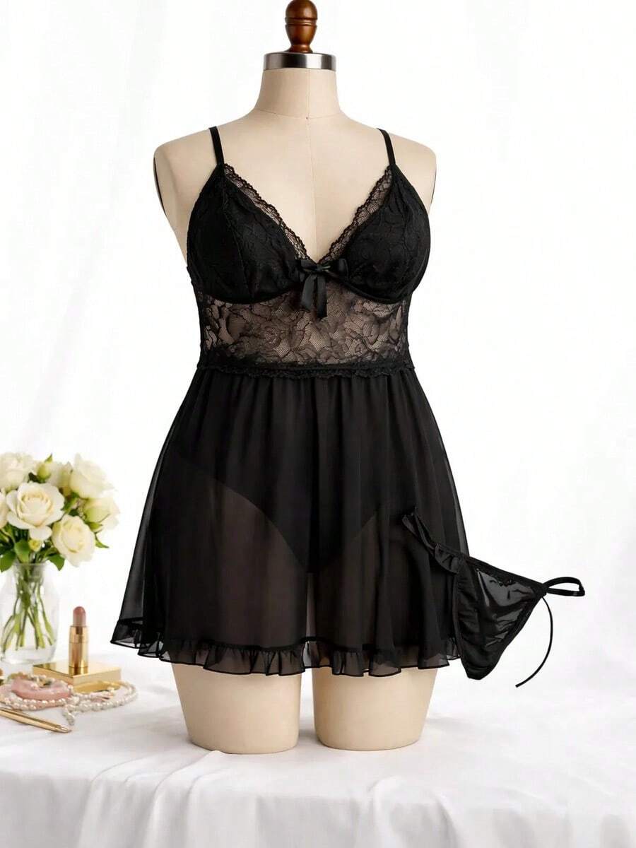 Camisola Plus Size Em Renda Transparente - Preto - Visão 1