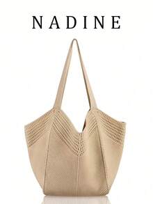 Túi dệt kim polyester dung tích lớn, túi dệt rỗng kiểu mới, túi đeo vai kiểu dáng dễ thương, túi đi biển du lịch cho nữ. - Màu Khỏa thân - Xem 1