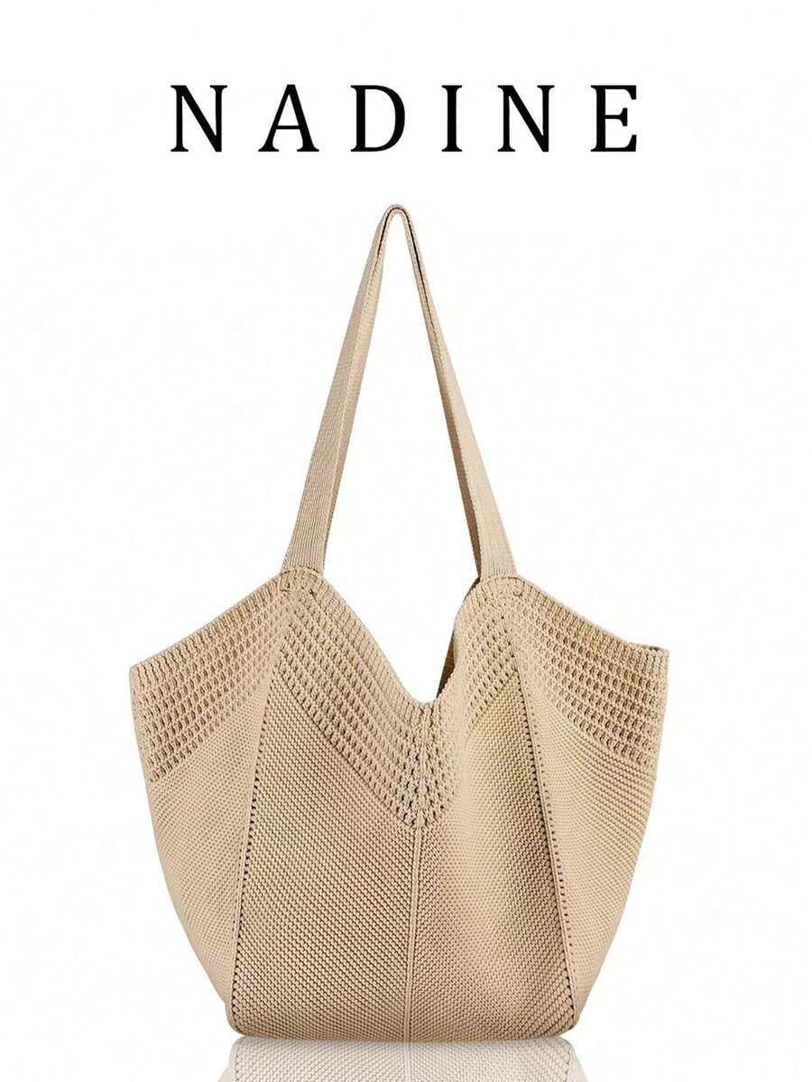 Túi dệt kim polyester dung tích lớn, túi dệt rỗng kiểu mới, túi đeo vai kiểu dáng dễ thương, túi đi biển du lịch cho nữ. - Màu Khỏa thân - Xem 1