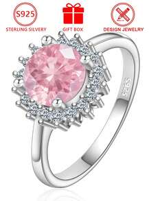 S925 Sterling Silver Ring With Pink Cubic Zirconia, Sunflower Design, Adjustable Size, Suitable For Daily Wear/Great Gift Choice, Comes With Gift Box - Silver - View 1