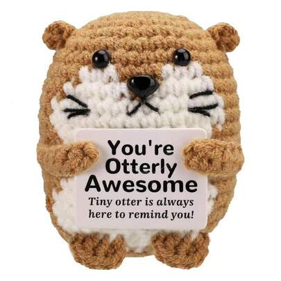 1pc Handmade Crochet Cute Sea Otter Plush Doll, Made Of Soft Yarn, Comes With A Warm "You're Awesome!" Greeting Card, Suitable For Home Or Office Desktop Decor, A Thoughtful Gift For Friends, Colleagues Or Relatives To Spread Positive Energy