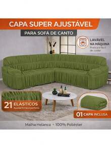 Capa Para Sofá De Canto Ate 7 Lugares Com Braço 21 Elásticos Malha Gel Poliéster - Verde - Visão 2
