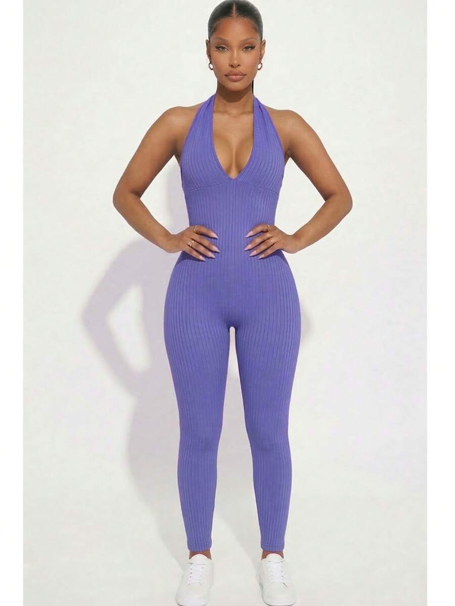 Women's Rib Knit Halter V-Neck Bodycon Jumpsuit - Casual Solid Color, Slim Fit Summer Jumpsuit, Polyester, Machine Washable - Chive Blossom - View 1