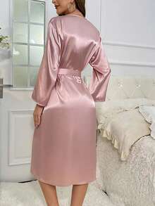 女士高品质仿丝睡袍，长袖开衩系腰睡衣，性感简约风格家居服/浴袍 - 彩色 - 查看 4