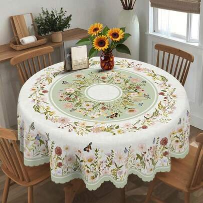 1件装清新花卉桌布 - 柔和的绿色底色搭配精致的花卉图案，完美适用于春夏装饰，是室内/室外派对、居家用餐、花园聚会和节日庆典的理想之选，提供圆形、椭圆形和长方形尺寸。