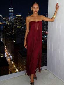 女士优雅红色流苏抹胸长裙，露背无袖晚宴礼服，春季婚礼 - 酒紅色 - 查看 7