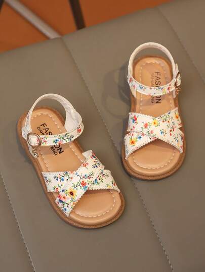 1 Pair Girls' Floral Print Decor Non-Slip Durable Open Toe Criss-Cross Strap Flat Sandals, Sweet Style, Suitable For Summer Daily Wear