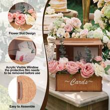 Wedding Card Box, Brown Gift Card Box With Flower Trough And Acrylic Board Rustic Wooden Card Box, Wedding Money Box Holder For Reception Anniversary Graduation Birthday Party Decor - Brown - 查看 3