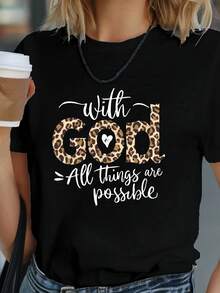 Women's Leopard Print "With God All Things Are Possible" Graphic T-Shirt – Christian Faith Letter Print Crew Neck Tee,  Spiritual Casual Top - 黑色 - 查看 7