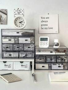 1pc Striped Transparent Stackable Storage Box, Minimalist Desktop Compartment Drawer Organizer - Clear - View 1