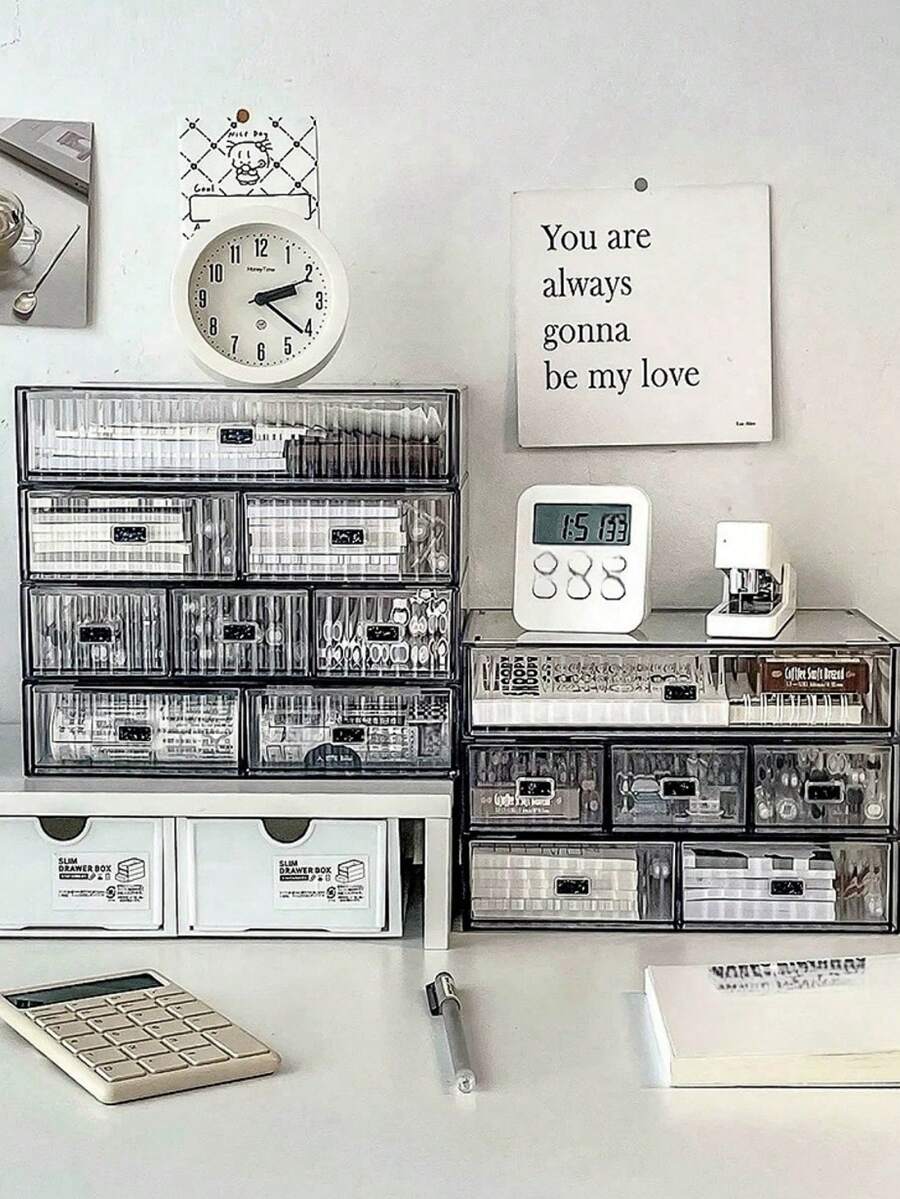 1pc Striped Transparent Stackable Storage Box, Minimalist Desktop Compartment Drawer Organizer - Clear - View 1