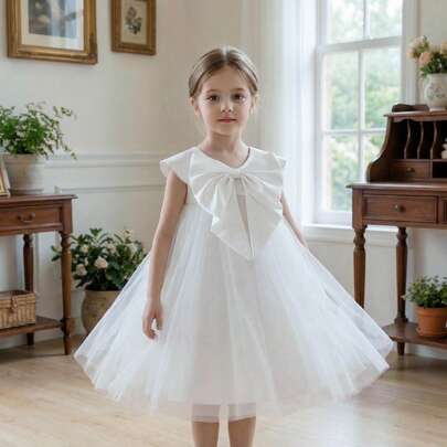 Young Girl Elegant White Puff Tulle Short Dress, Butterfly Decor Birthday Wedding Flower Girl Dress, Suitable For Girls Birthday, Ball, Banquet, Party, Formal Occasion