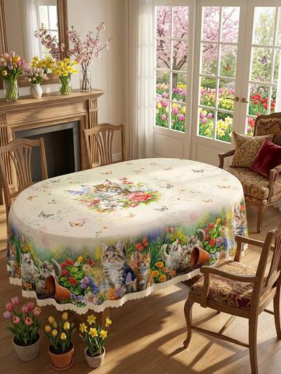 1pc Cute Farm Animal Tablecloth, Cat & Rooster Print With Lace Trim Table Cover, Polyester Decorative Piece For Spring & Mother's Day Theme, Waterproof & Stain-Resistant Tablecloth For Kitchen, Dining Room, Spring Brunch & Mother's Day Party