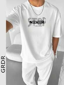 GRDR 男士圆领时尚英文标语元素印花短袖T恤，休闲街头风 - 白色 - 查看 7