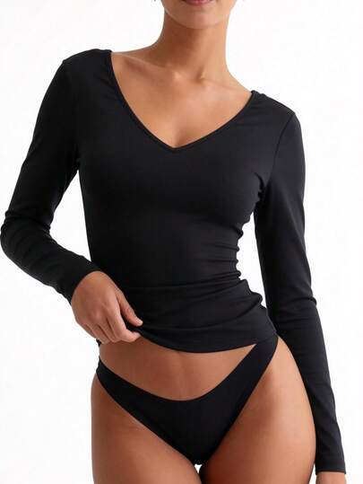 Camiseta sin mangas de cuello en V y camiseta de manga larga para mujer, unicolor ajustado casual básico