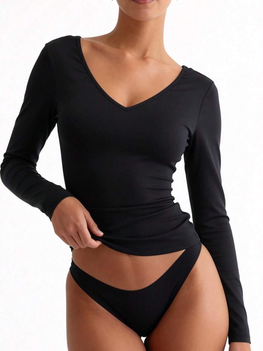 女士V领无袖背心和长袖T恤，纯色修身休闲基础款 - 黑色 - 查看 1