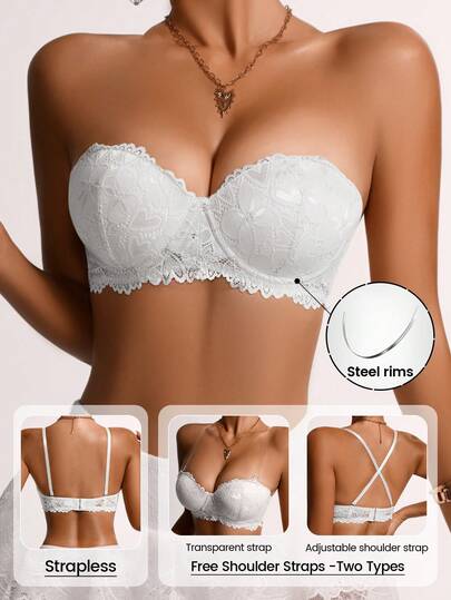 1pc Daily Wear Underwire Non-Slip Bra, Detachable & Replaceable Transparent Shoulder Straps, Sexy Lace Backless Bra