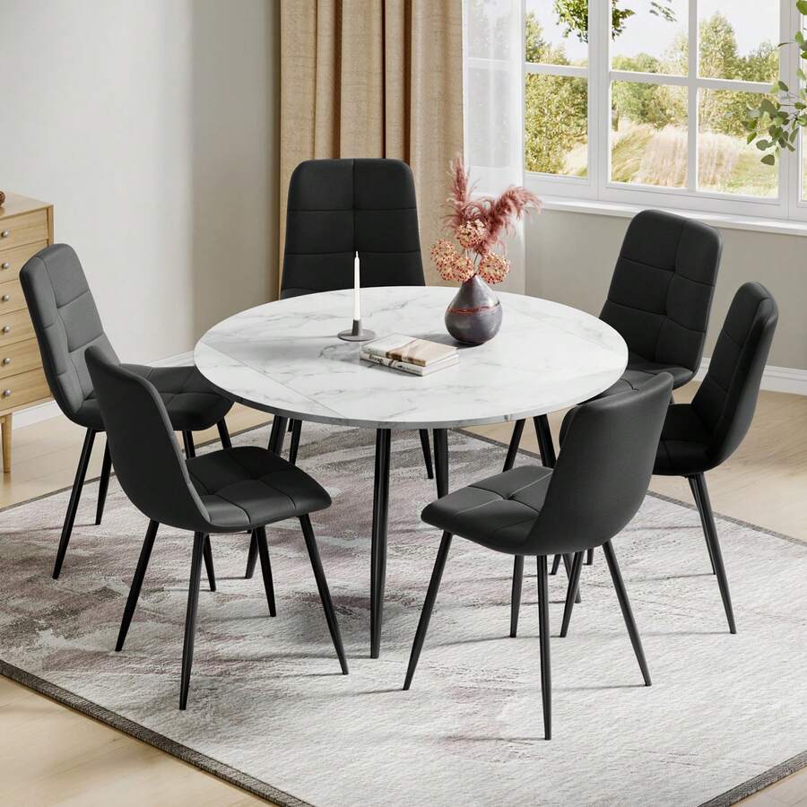 Dining Table And Chairs Set Of 4, Extendable Round Table Concrete Effect Folding Table With Upholstered Linen Chairs For Dining Room,Kitchen - Marble Decorative Table + Black Linen Chair - View 1
