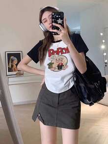 夏季黑白撞色拼接插肩袖圆领卡通字母印花休闲度假日常女式短袖露脐T恤 - 黑與白 - 查看 2