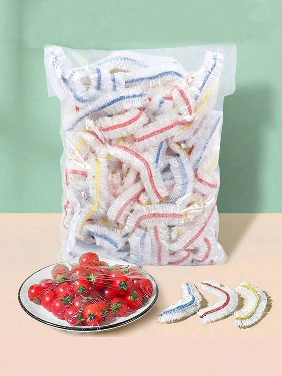100片一次性食品保鲜膜，弹性好，自带密封功能，用于保鲜剩菜，适合覆盖碗碟，家用。