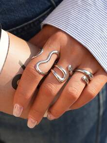 3pcs/1pc Set Minimalist Curved Stainless Steel Open Rings, Suitable For Women, Featuring Fashionable Asymmetrical Wave And Geometric Design, Adjustable Stacking, Waterproof & Hypoallergenic, Suitable For Daily Wear, Party, Date, Gift, Fashionable Minimalist Cool-Toned Jewelry Accessory - Silver 1 - View 4