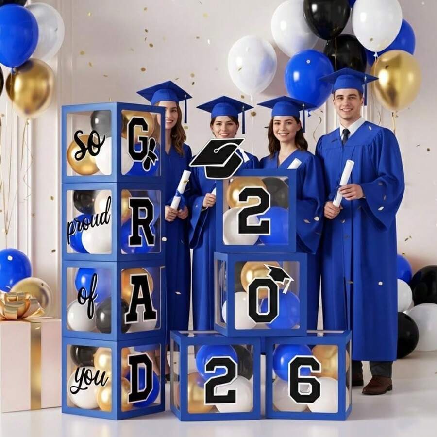 2026 Graduation Season Blue, Gold And Black Transparent Balloon Box Decor, Includes Graduation Cap And Letter Cards, Suitable For Graduation Party And Classroom Event Decoration As Well As Photo Props - Multicolor - View 1