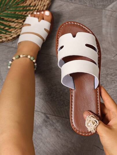 Ximi Ruo Wide Fit Rhinestone Embellished Comfortable Slippers, Korean Casual Flat Sandals For Women, Open Toe Slip-On Slides, Suitable For Spring, Summer, Beach, Casual Wear