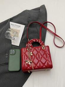 Faux Leather Solid Color Diamond Quilted Stitching Mini Square Bag, Women Casual Handbag Tote Crossbody Bag With Tassel - Red - View 4