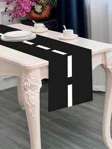 1Pc 35*180cm Polyester White&Black Stripes Race Track Table Runner, Baby Shower Race Car Theme Waterproof Table Cover For Kids Toddler Boys Birthday, Racing Car Party, Gender Reveal, Nursery Party Supplies, Racetrack Tablecloth - Black and White - View 3