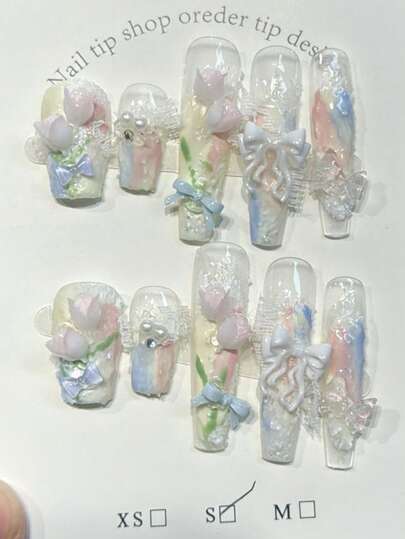 10 Piezas de uñas postizas hechas a mano con estilo de pintura al óleo de tulipanes 3D, decoración de tulipanes con encaje blanco, combinación de tipo de uña cuadrada corta y tipo de uña de ataúd larga, con lazo de cinta azul y adornos de perlas, para mujeres y niñas, diseño de alta gama de uñas artificiales, uñas de dopamina, uñas de verano, uñas lindas, uñas de pintura al óleo, uñas postizas, suministros de uñas, uñas hechas a mano, uñas postizas, uñas acrílicas para mujeres y niñas para suministros de uñas de verano