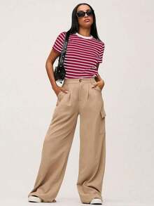 SHEINBASICSS Striped Print T-Shirt/Summer - 酒紅色 - 查看 6