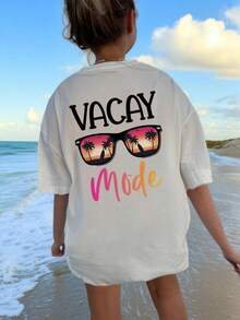 Camiseta casual de manga corta con cuello redondo y estampado de cocotero, adecuada para niños y niñas, diseñada para estudiantes y niños en verano - Camiseta estilo resort de playa, que inspira imaginación y autoexpresión. Ropa Infantil, Camiseta Gráfica para Niñas, Top de Verano, Ropa para Adolescentes - Blanco - Ver 1