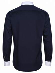 Camisa formal de manga larga de un solo pecho con parches de color contrastante, versátil y adecuada para el trabajo - Azul Marino - Ver 3