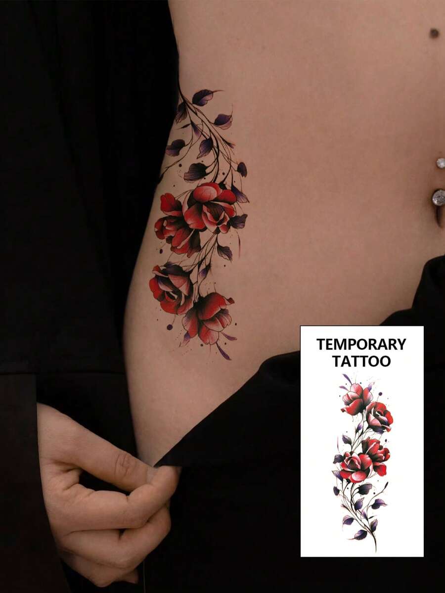 1pc Fashionable Cool Temporary Tattoo Sticker, Couple Tattoo, Black Fake Tattoo, One-Time Use Tattoo, Rose & Flower Design, Waterproof & Non-Reflective, Easy To Apply & Remove, Highly Realistic, Suitable For Men & Women On Leg, Foot, Chest, Thigh, Arm, Waist, Abdomen, Music Festival Party Supplies - Black - View 1