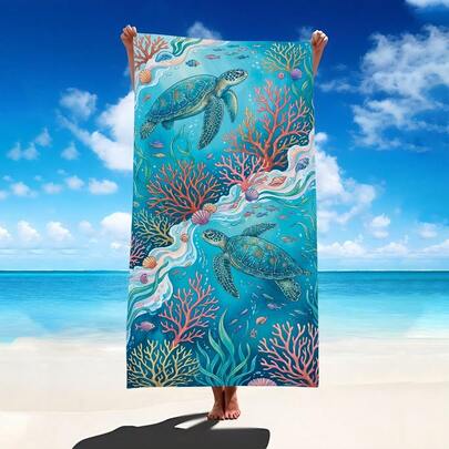 1条海底世界海龟珊瑚沙滩巾，超柔软超细纤维特大号沙滩毯，超强吸水浴巾，适合旅行、游泳池、潜水、冲浪、瑜伽、露营，多种尺寸可选，沙滩配件