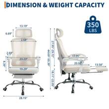 Silla ergonómica para gaming y oficina con respaldo alto de malla transpirable, Soporte lumbar y reposacabezas ajustable, Reposapiés retráctil y ruedas, para escritorio, oficina en casa o dormitorio - Marco blanco - doble malla vertical beige - pies galvanizados - Ver 2