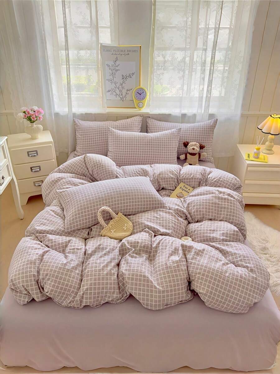 3件套涤纶复古格子印花床上用品套装，适合男孩/女孩宿舍，拉链封口，四季皆宜，柔软透气，适用于宿舍床、单人床、双人床、特大床、卧室（包含1个被套、2个枕套，不含填充物）