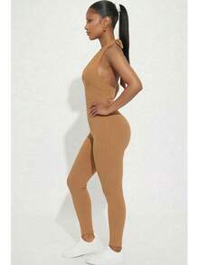 Women's Rib Knit Halter V-Neck Bodycon Jumpsuit - Casual Solid Color, Slim Fit Summer Jumpsuit, Polyester, Machine Washable - Coca Mocha - View 2
