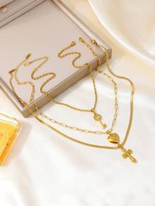 Bộ 3 dây chuyền mặt dây chuyền bằng thép không gỉ thời trang và thanh lịch dành cho nữ, mạ vàng, với các chi tiết hình trái tim, thánh giá và đá quý, phù hợp để đeo hàng ngày, trong các lễ hội và các buổi hẹn hò. - Vàng - Xem 2